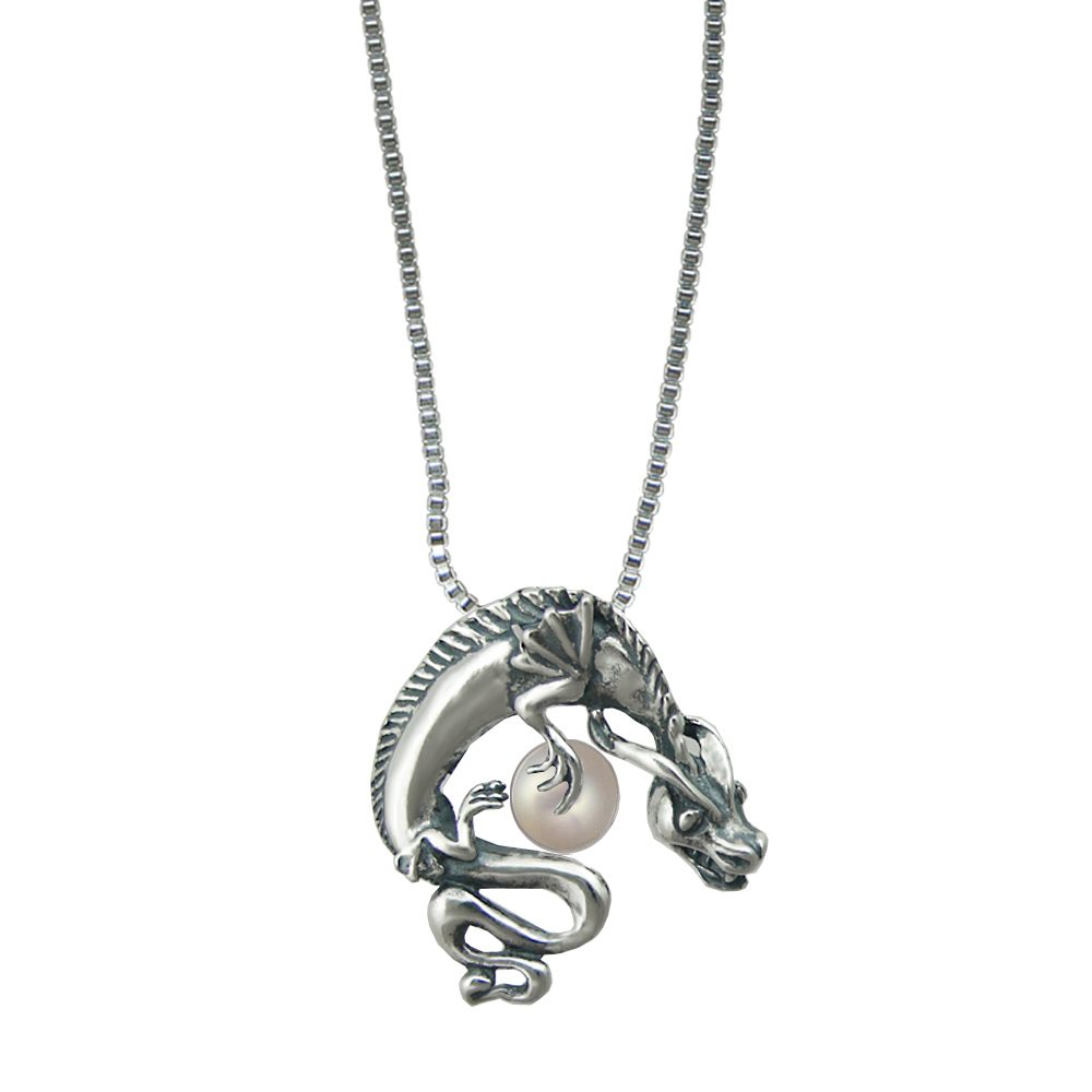 Sterling Silver Playful Dragon Pendant With Cultured Freshwater Pearl
